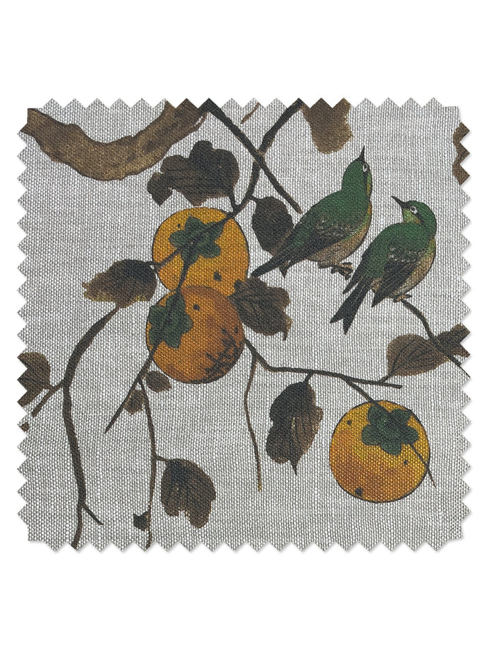 'Persimmon Birds' Flax Linen Fabric by Nathan Turner - Mustard