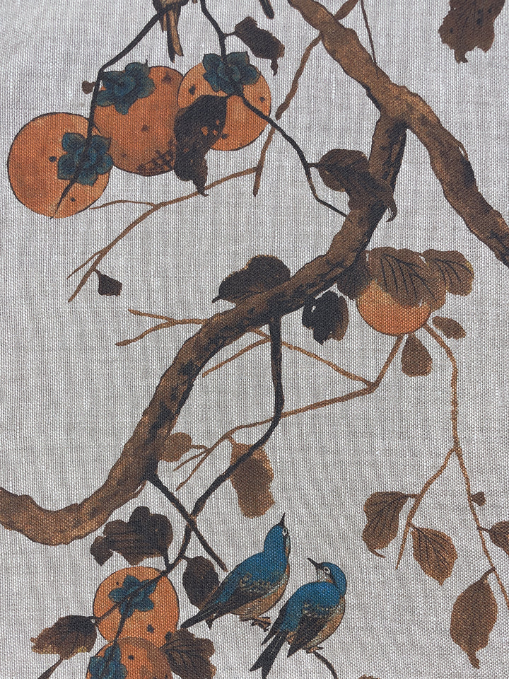 fabric by the yard persimmon birds washed sienna on flax linen