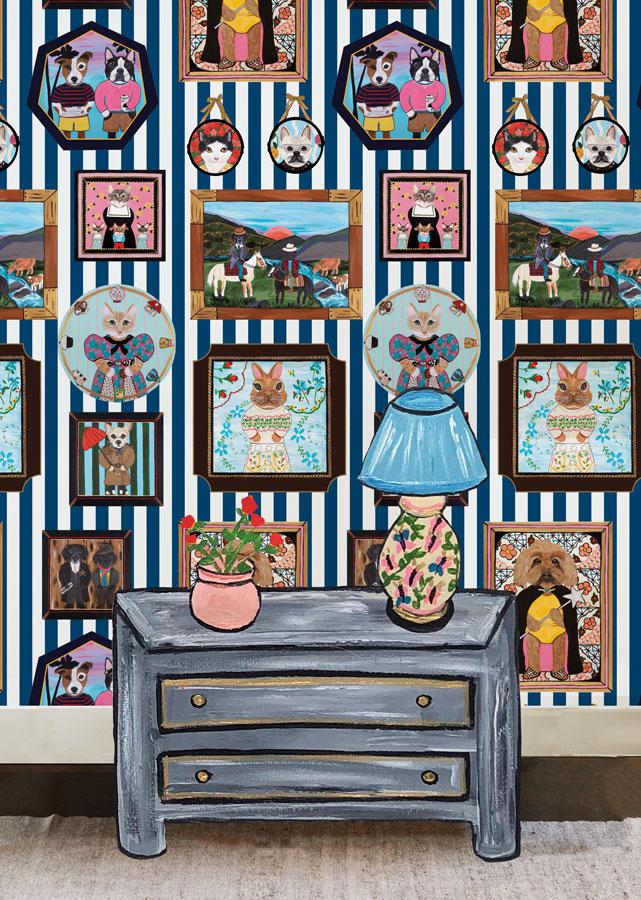 'Pet Portrait Gallery' Wallpaper by Carly Beck - Navy