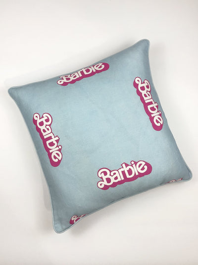 80s barbie logo throw pillow baby blue