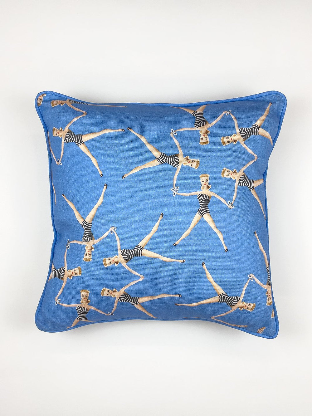 synchronized vintage barbie throw pillow blue