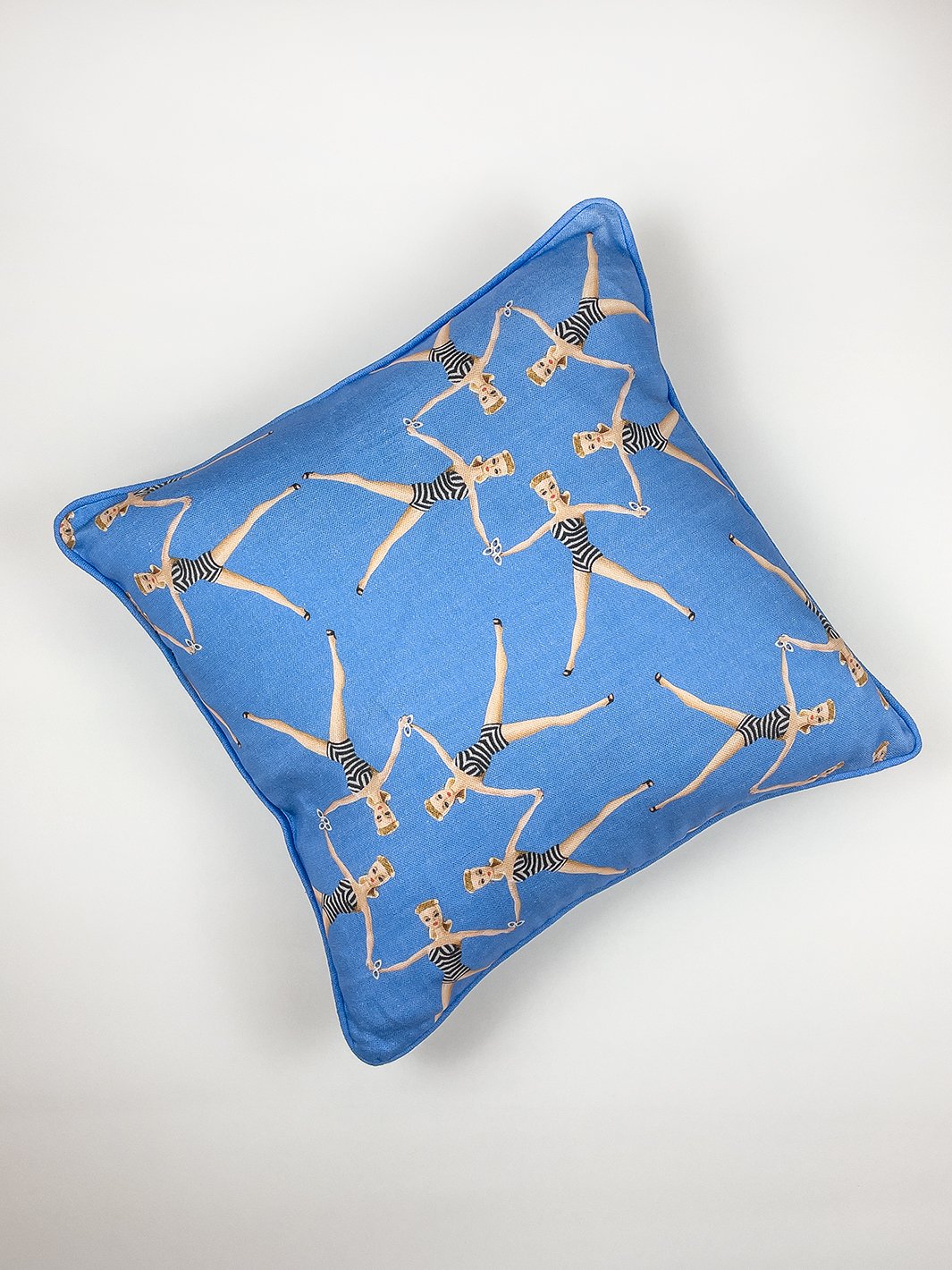 synchronized vintage barbie throw pillow blue