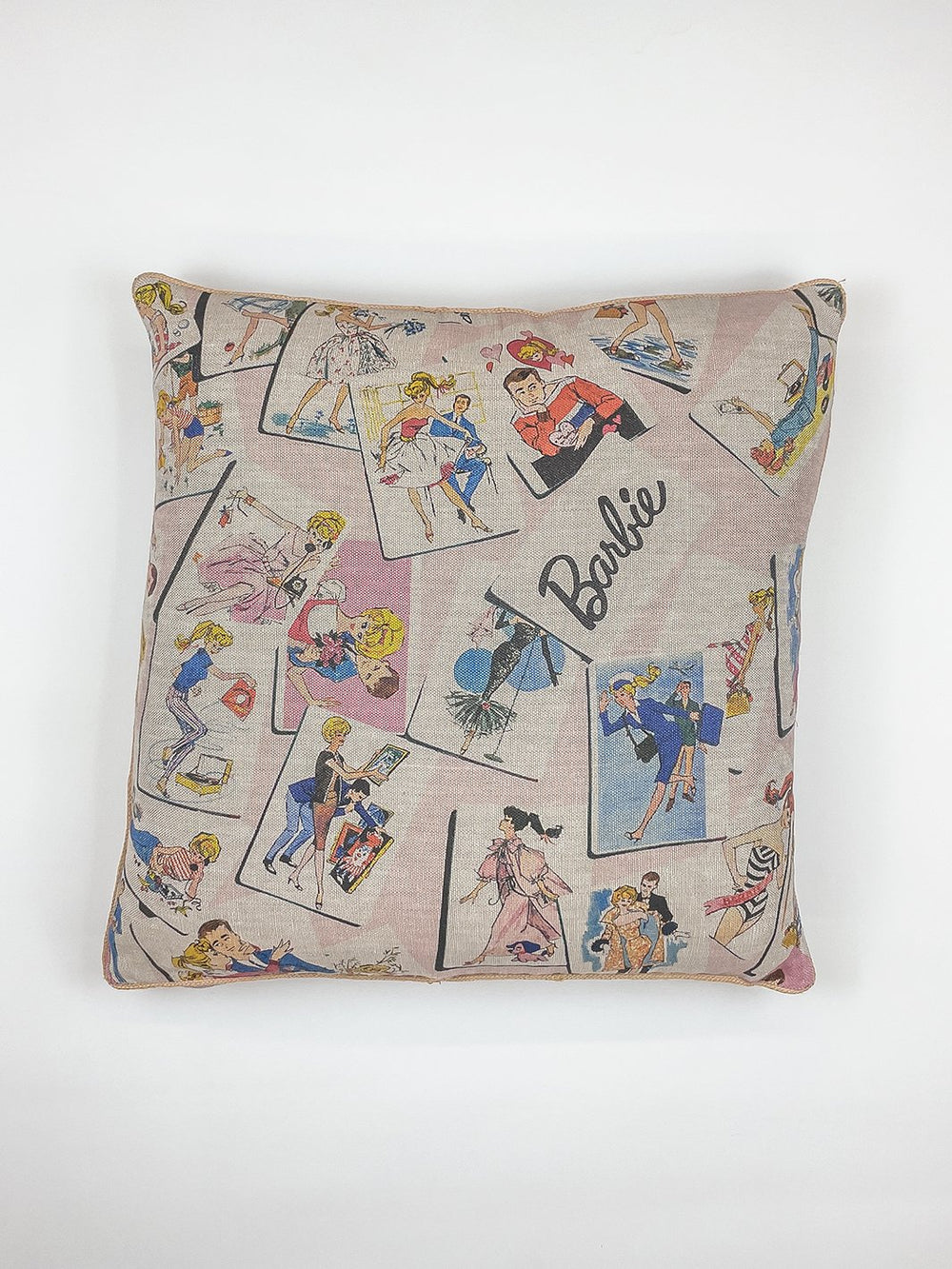 barbie trading cards throw pillow pink on flax linen
