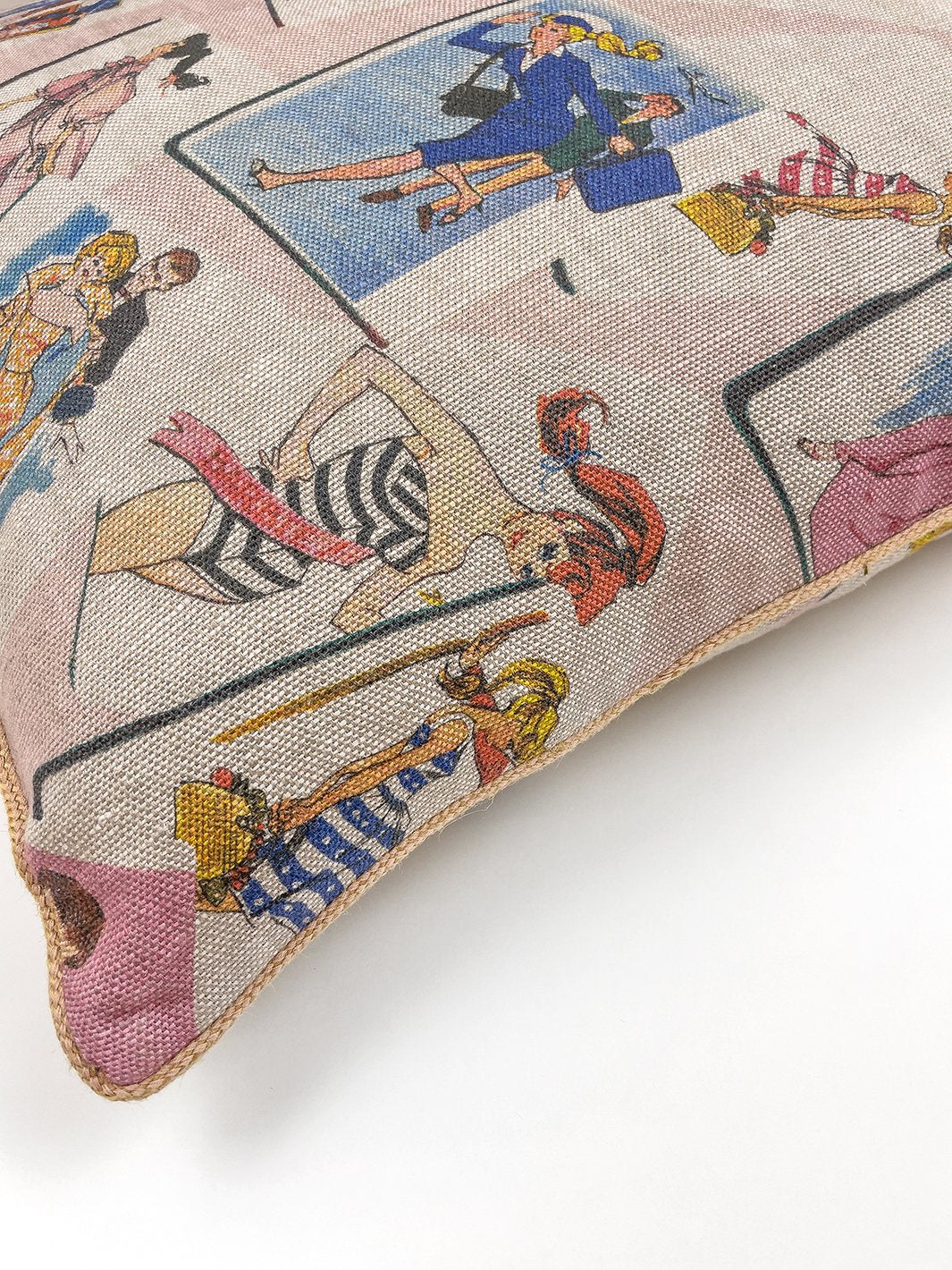 barbie trading cards throw pillow pink on flax linen