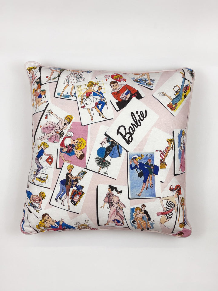 barbie trading cards throw pillow pink
