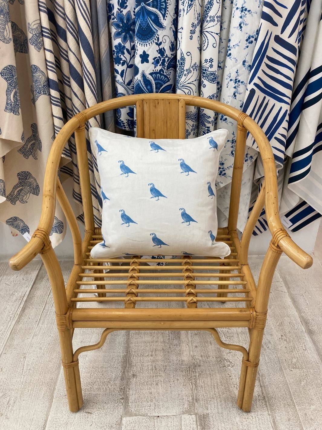 'California Quail' Throw Pillow by Nathan Turner - Blue on Linen