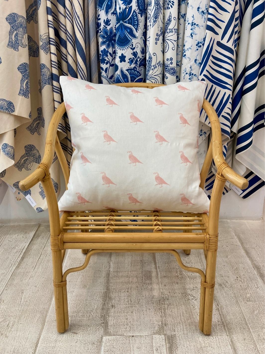 'California Quail' Throw Pillow by Nathan Turner 26x26 - Pink on Linen