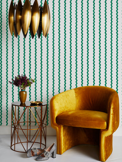 'Ric-Rac Stripe on White' Wallpaper by Sarah Jessica Parker - Emerald