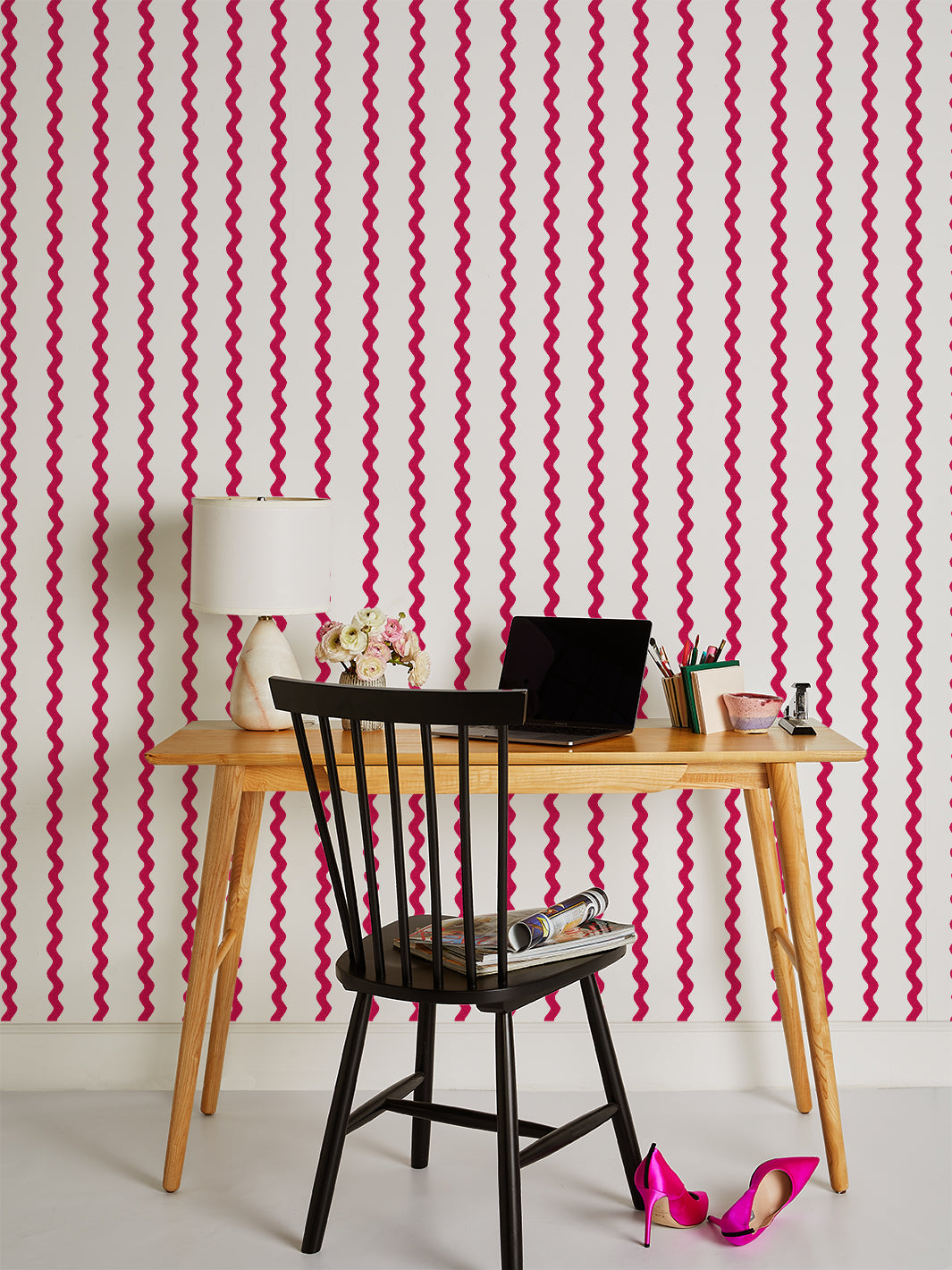 'Ric-Rac Stripe on White' Wallpaper by Sarah Jessica Parker - Geranium