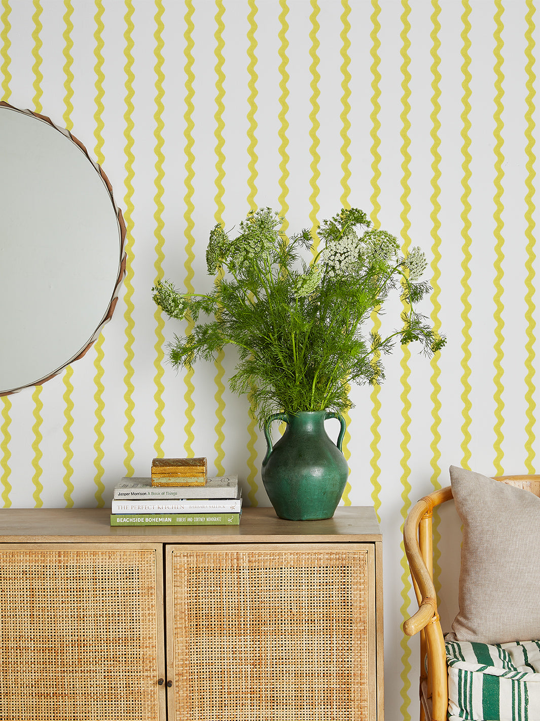 'Ric-Rac Stripe on White' Wallpaper by Sarah Jessica Parker - Lemon Drop