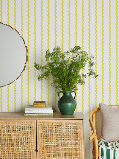 'Ric-Rac Stripe on White' Wallpaper by Sarah Jessica Parker - Lemon Drop