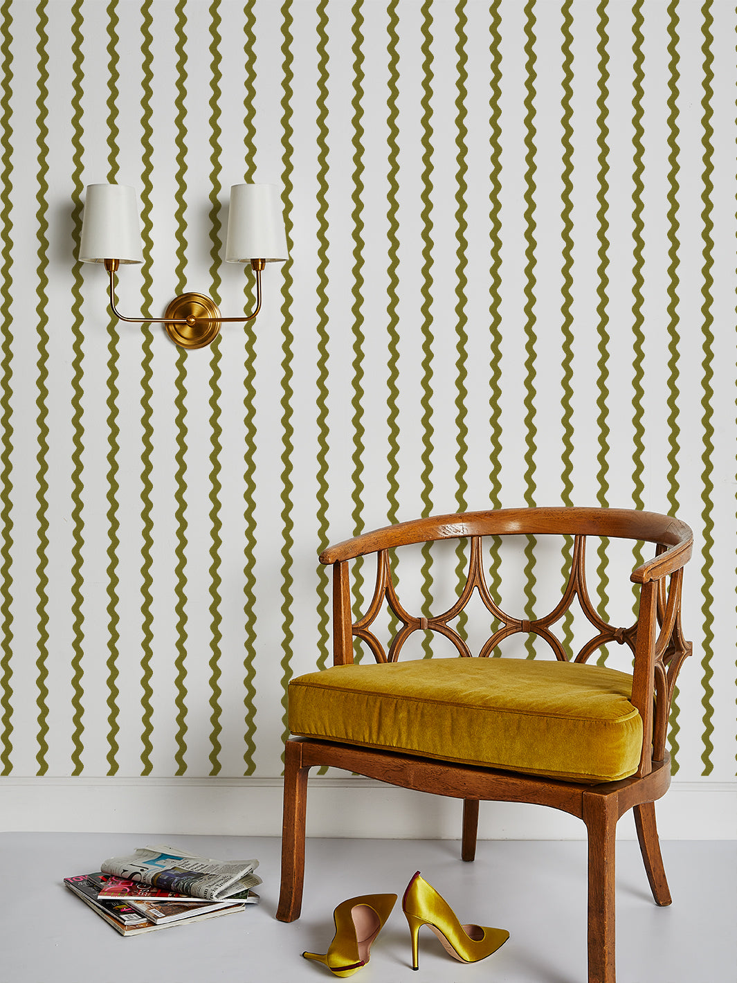 'Ric-Rac Stripe on White' Wallpaper by Sarah Jessica Parker - Olive