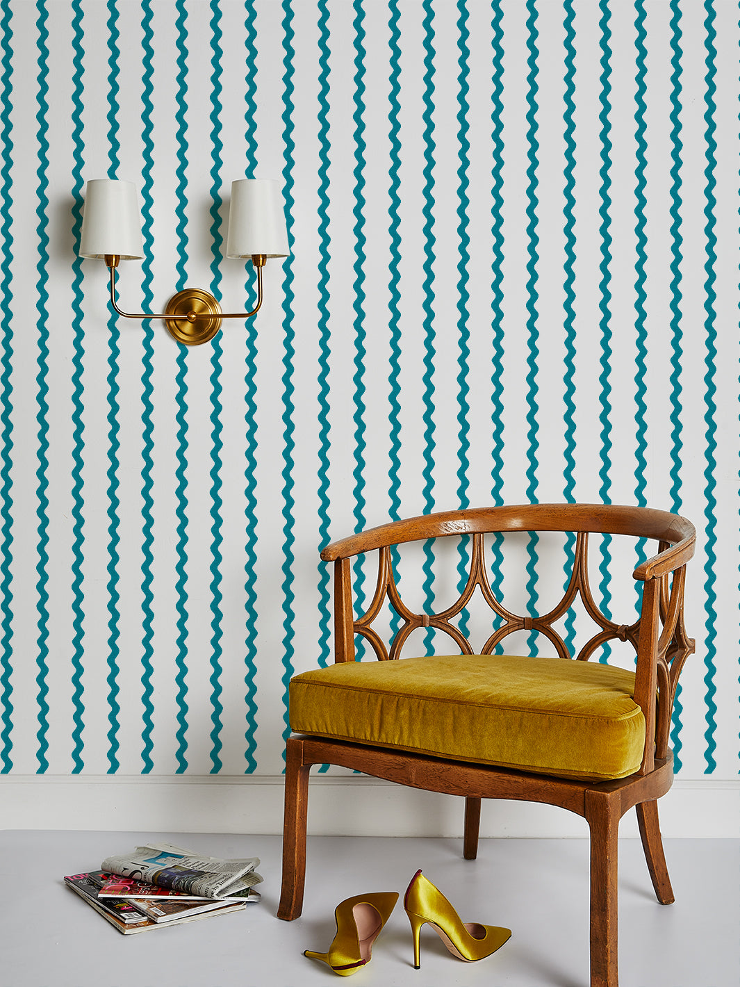 ric rac stripe on white wallpaper by sarah jessica parker peacock