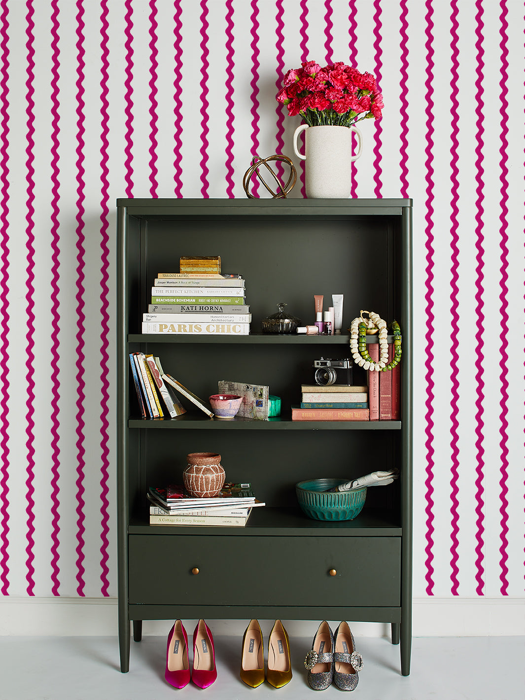 'Ric-Rac Stripe on White' Wallpaper by Sarah Jessica Parker - Raspberry