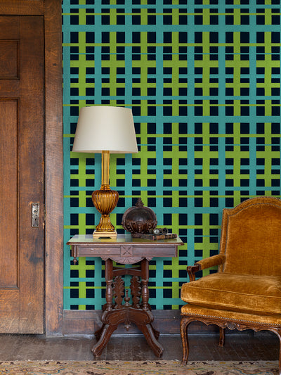 'Crosstown Plaid' Wallpaper by Sarah Jessica Parker - Citron on Navy