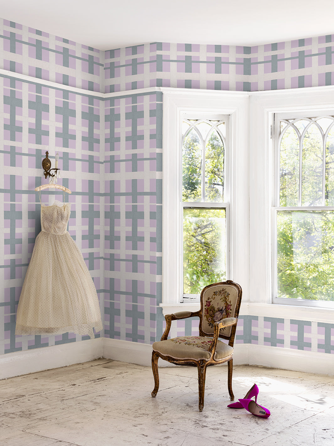 'Crosstown Plaid' Wallpaper by Sarah Jessica Parker - Pearl on Heliotrope