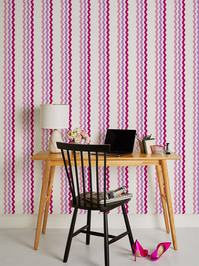 'Ric-Rac Bands' Wallpaper by Sarah Jessica Parker - Blush Lilac Raspberry