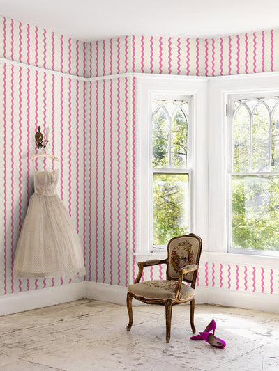 'Ric-Rac Stripe on White' Wallpaper by Sarah Jessica Parker - Blush