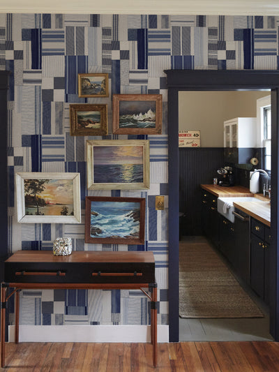 shirting patchwork wallpaper chris benz blue