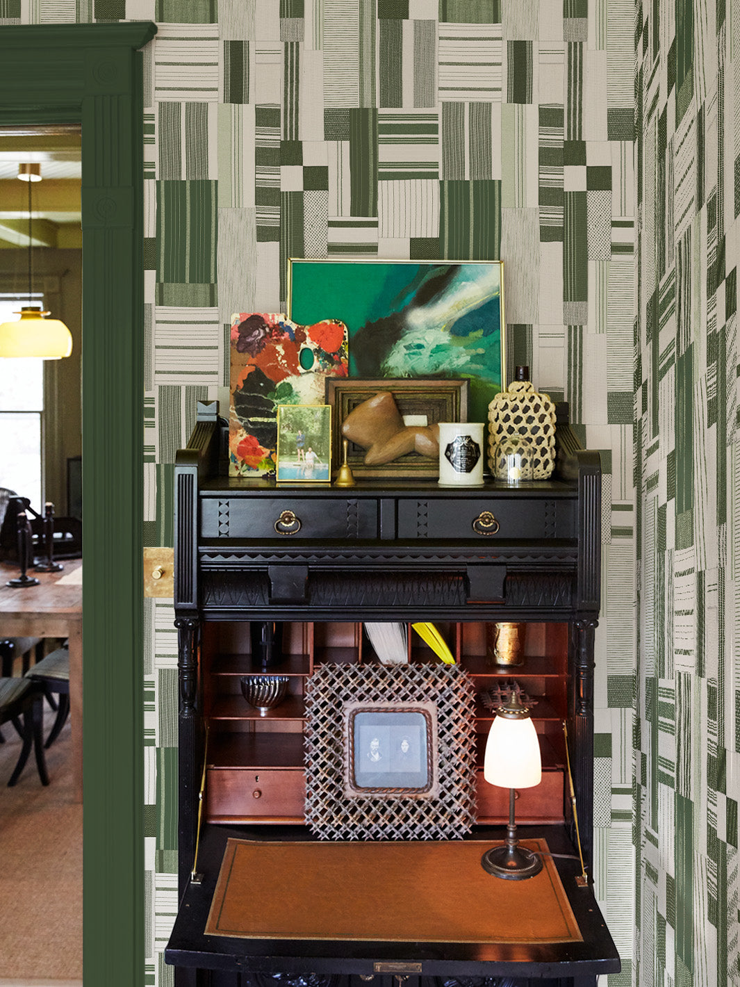shirting patchwork wallpaper chris benz olive