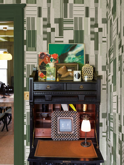 shirting patchwork wallpaper chris benz olive
