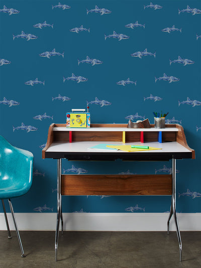 'Spotted Shark' Wallpaper by Tea Collection - Cadet Blue