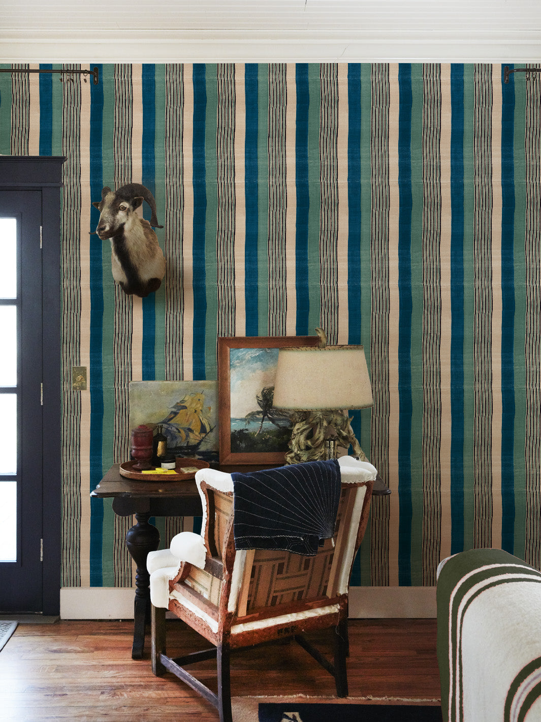 'Tent Stripe Small' Wallpaper by Chris Benz - Seaglass Blue