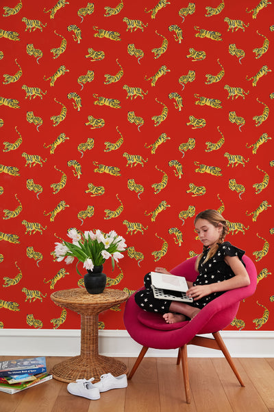 'Tigers' Wallpaper by Tea Collection - Red