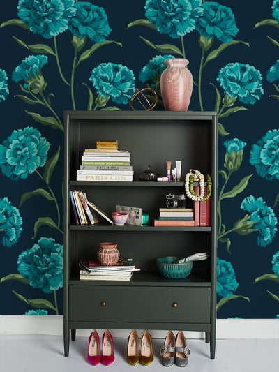 townhouse wallpaper by sarah jessica parker peacock on deep navy