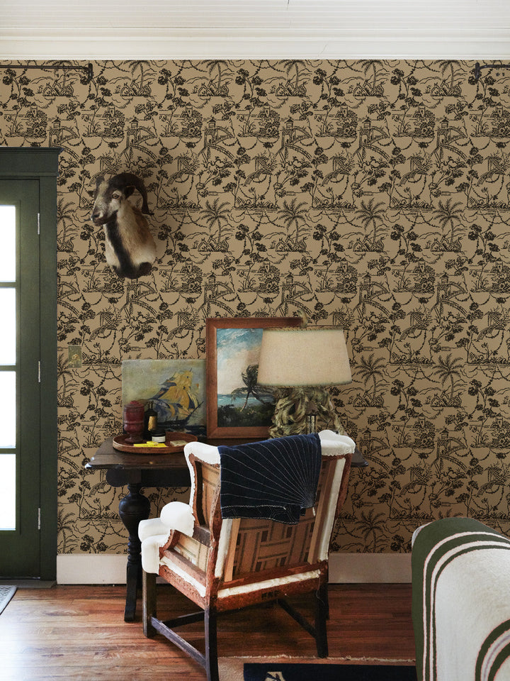 tropical toile kraft wallpaper chris benz black