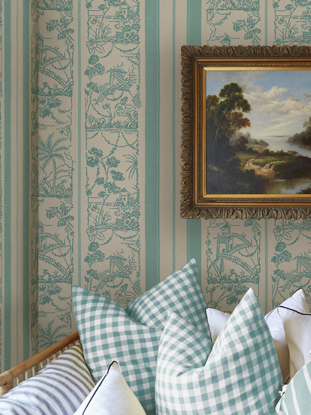 tropical toile stripe tonal wallpaper chris benz aqua