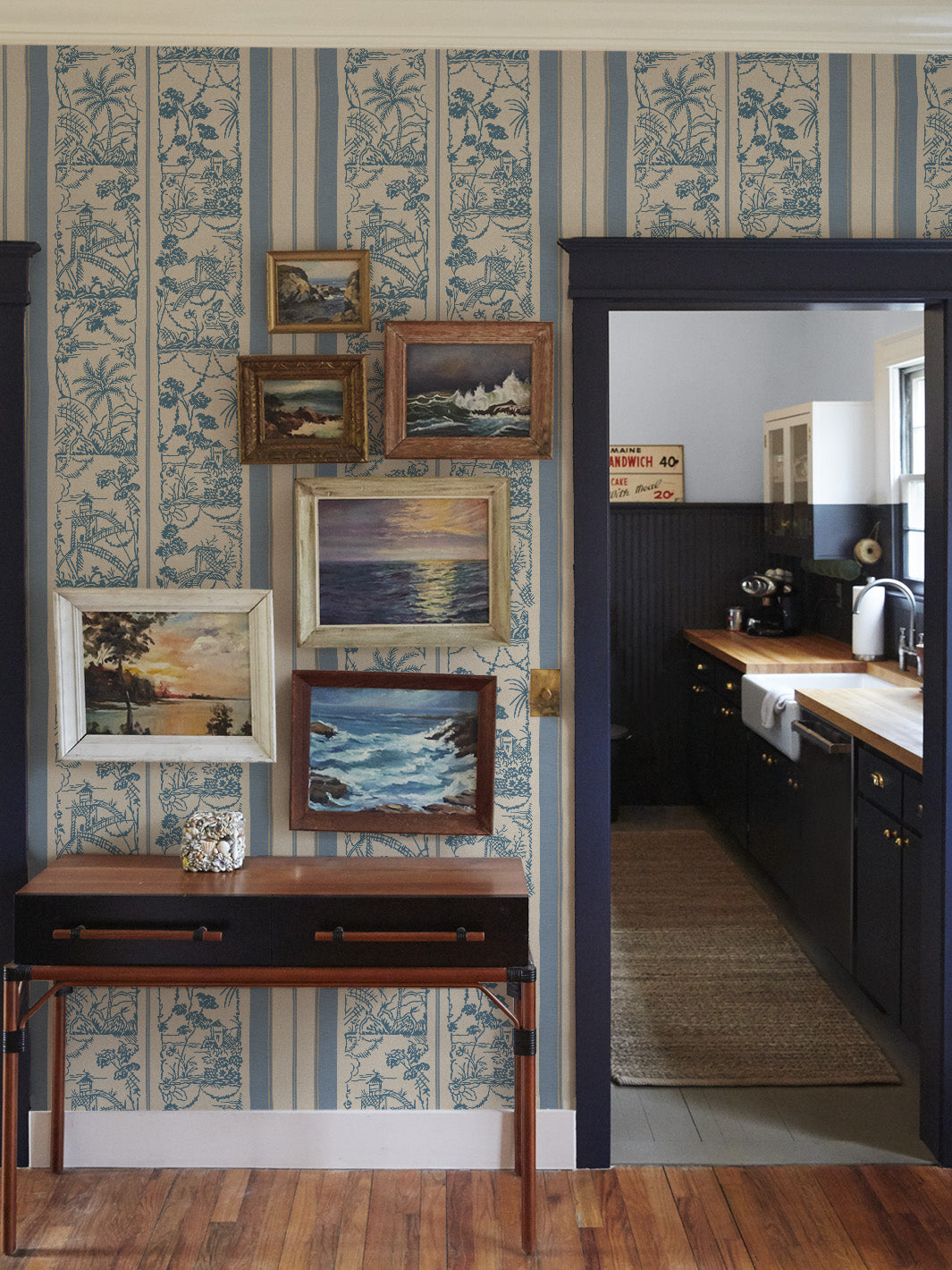 'Tropical Toile Stripe Tonal' Wallpaper by Chris Benz - Blue Taupe
