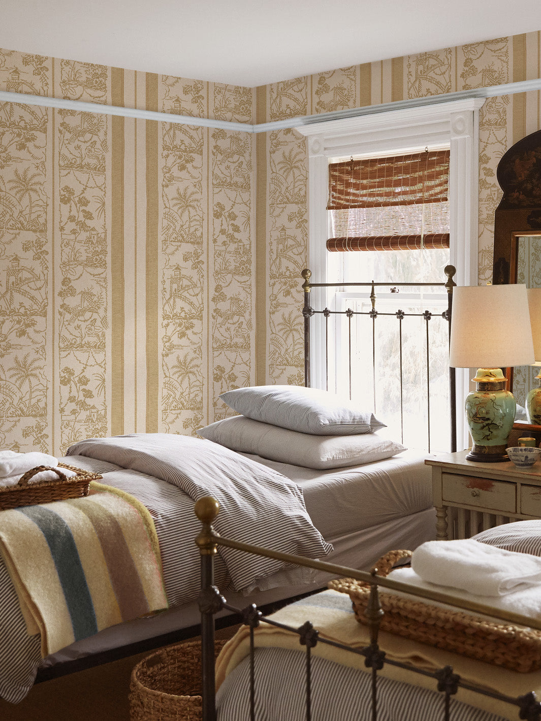 tropical toile stripe tonal wallpaper chris benz tea