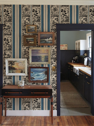 'Tropical Toile Stripe' Wallpaper by Chris Benz - Blue