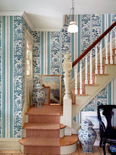 'Tropical Toile Stripe' Wallpaper by Chris Benz - Pale Blue