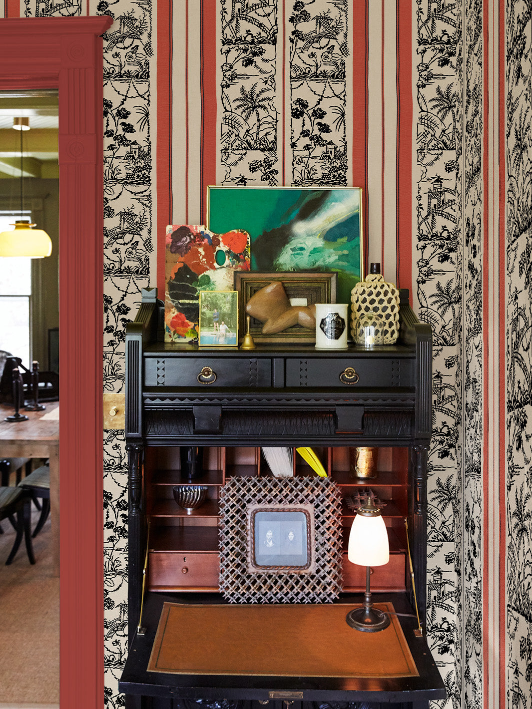 tropical toile stripe wallpaper chris benz red