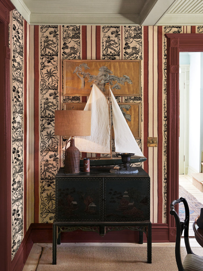'Tropical Toile Stripe' Wallpaper by Chris Benz - Rust