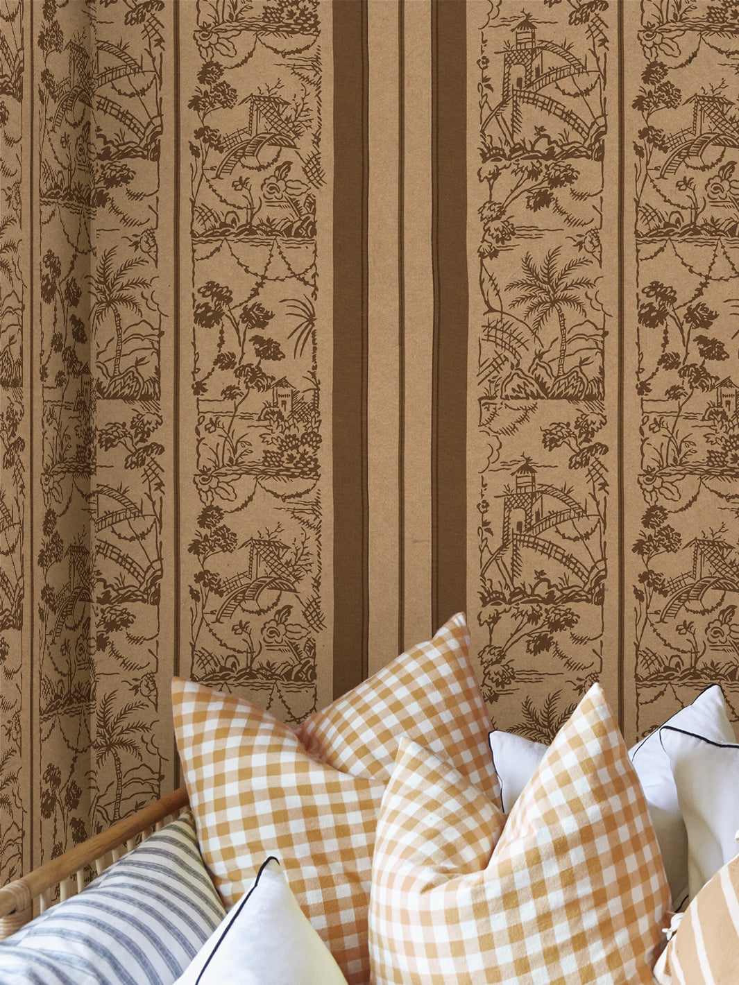 'Tropical Toile Stripe' Kraft Wallpaper by Chris Benz - Leather