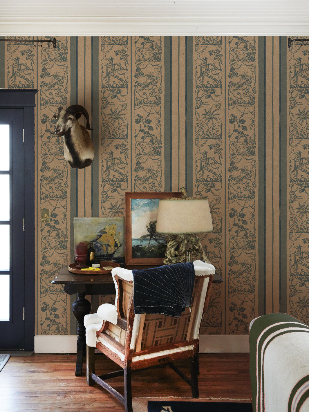 'Tropical Toile Stripe' Kraft Wallpaper by Chris Benz - Marina Blue