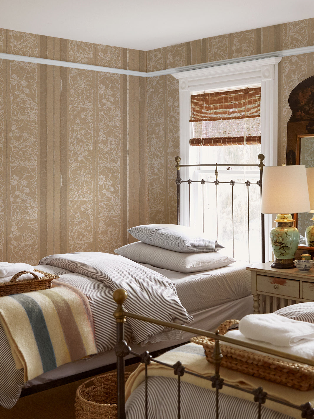 tropical toile stripe kraft wallpaper chris benz neutral