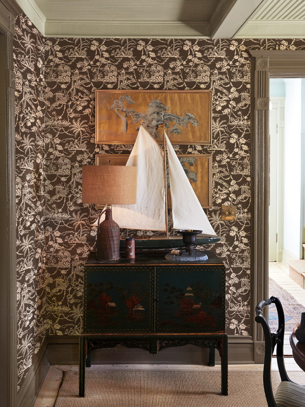 tropical toile wallpaper chris benz deep brown