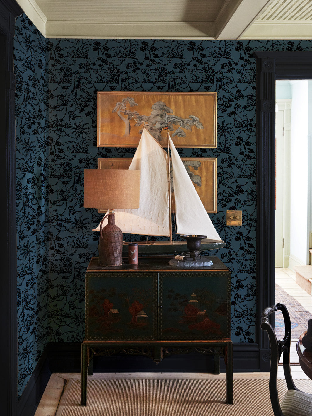 tropical toile wallpaper chris benz navy
