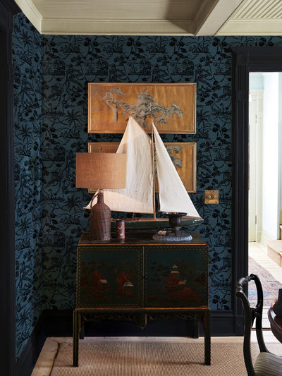 tropical toile wallpaper chris benz navy