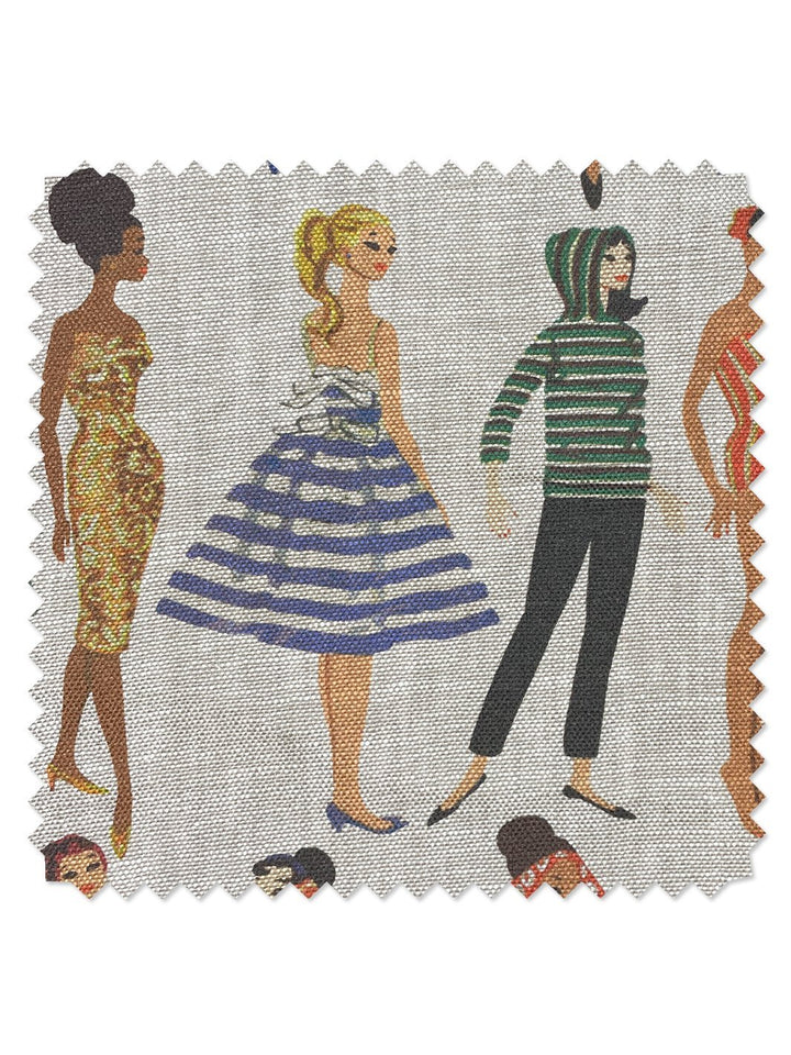 fabric by the yard vintage illustration white on flax linen