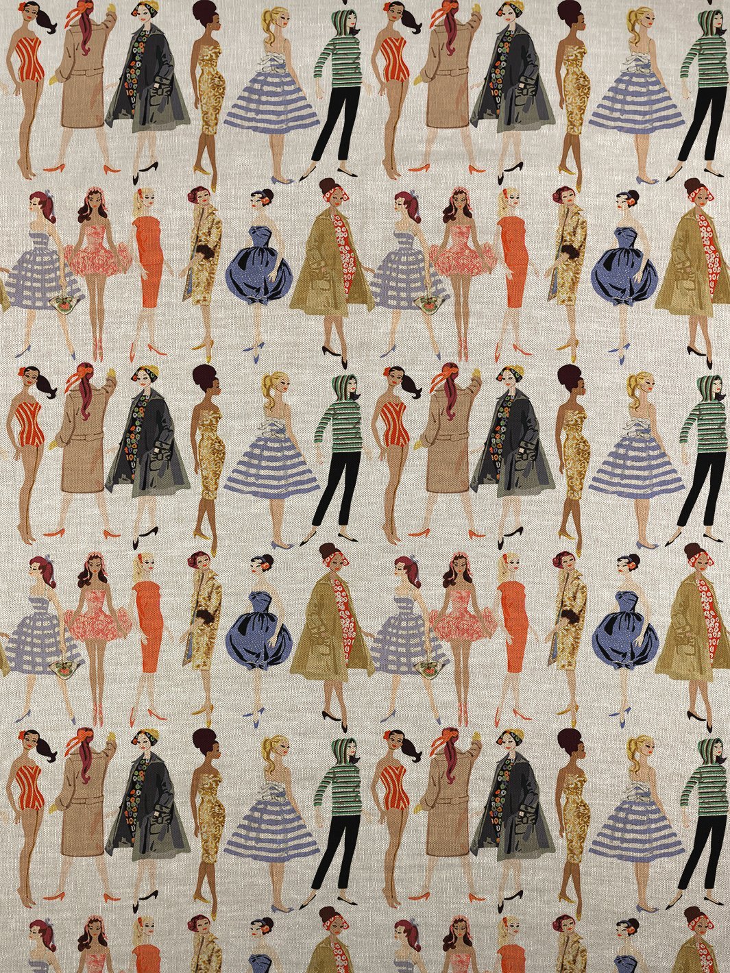 fabric by the yard vintage illustration white on flax linen