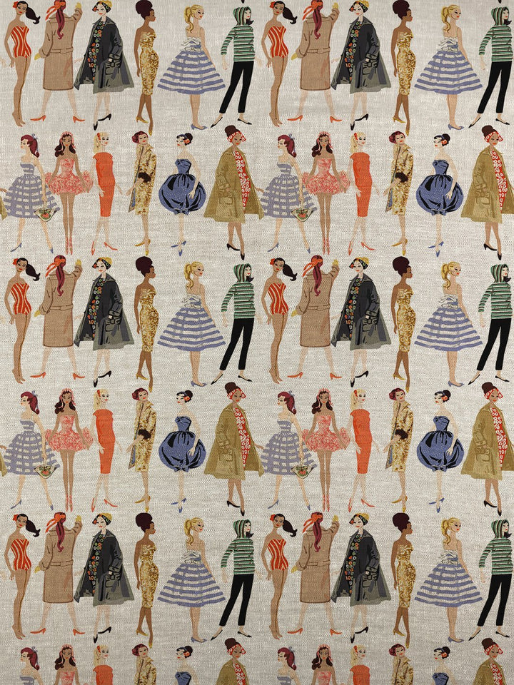 fabric by the yard vintage illustration white on flax linen