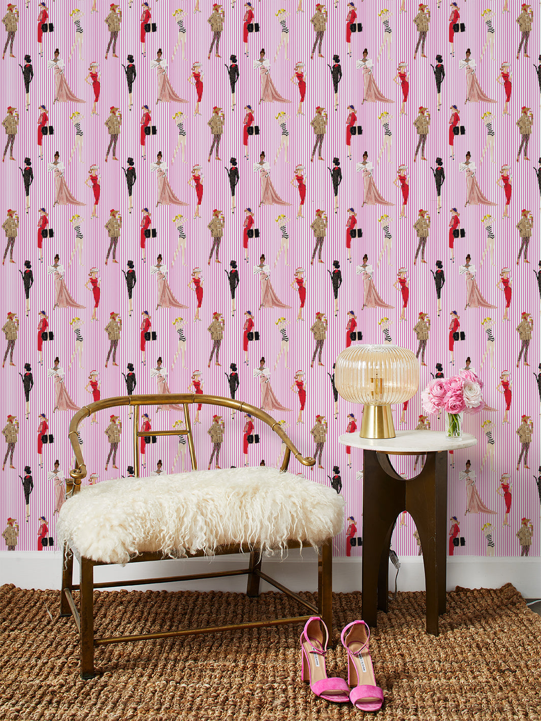 vintage pinstripe wallpaper in 219 barbie pink