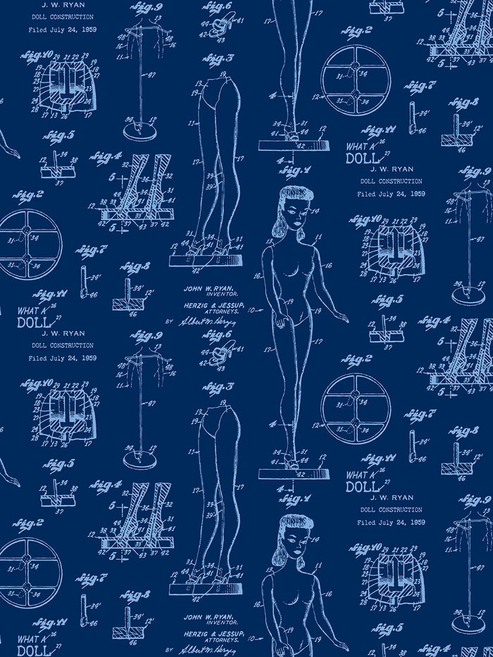 'Barbie™ Blueprint' Wallpaper by Barbie™ - Navy Denim