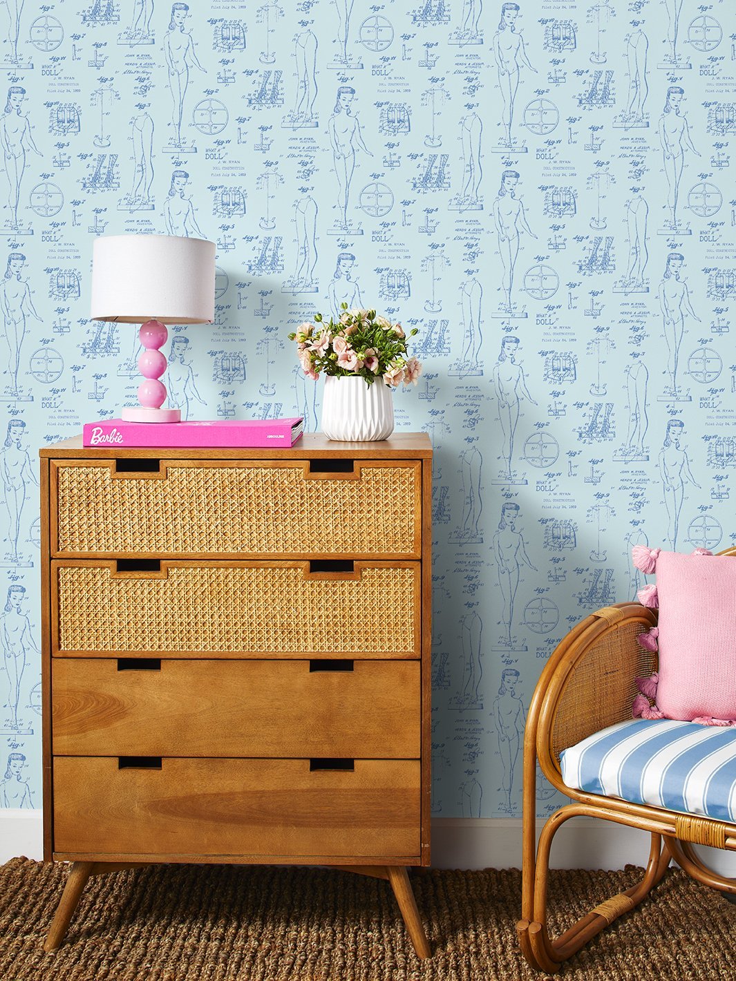 'Barbie™ Blueprint' Wallpaper by Barbie™ - Pale Blue