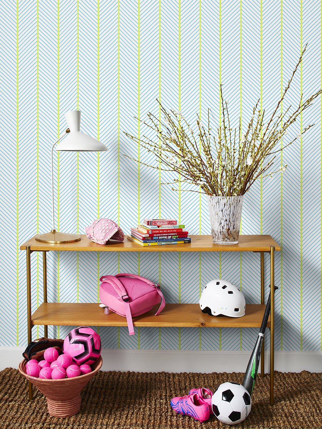barbie dreamhouse herringbone wallpaper by barbie citrine blue